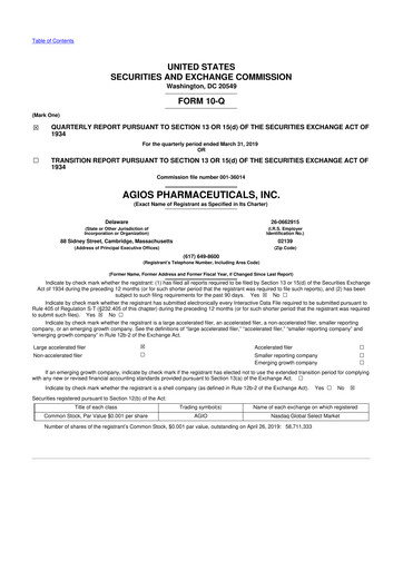 Miniature Agios Pharmaceuticals
 10-Q Rapport trimestriel 2019 