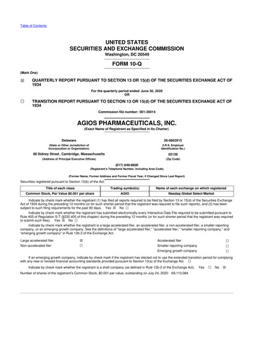 Miniature Agios Pharmaceuticals
 10-Q Rapport trimestriel 2020 