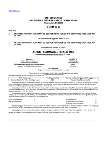 Miniature Agios Pharmaceuticals
 10-Q Rapport trimestriel 2021 