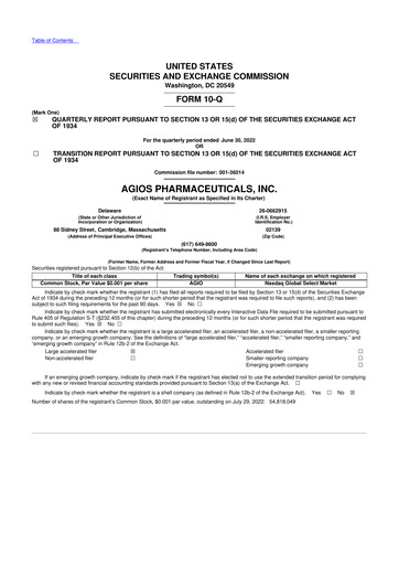 Miniature Agios Pharmaceuticals
 10-Q Rapport trimestriel 2022 