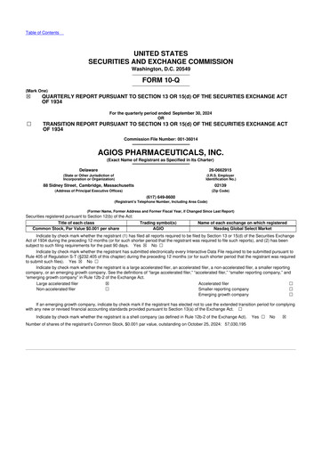Miniature Agios Pharmaceuticals
 10-Q Rapport trimestriel 2024 