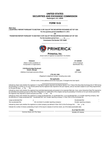 Thumbnail Primerica
 10-Q Quarterly Report FY2012 