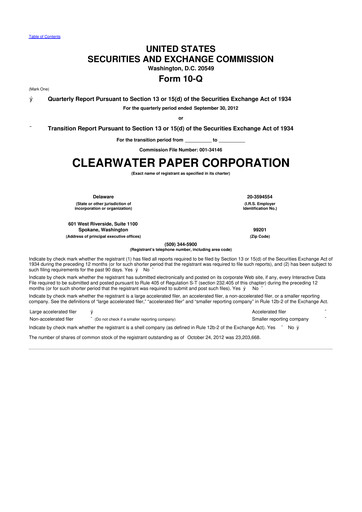Thumbnail Clearwater Paper 10-Q Quarterly Report FY 