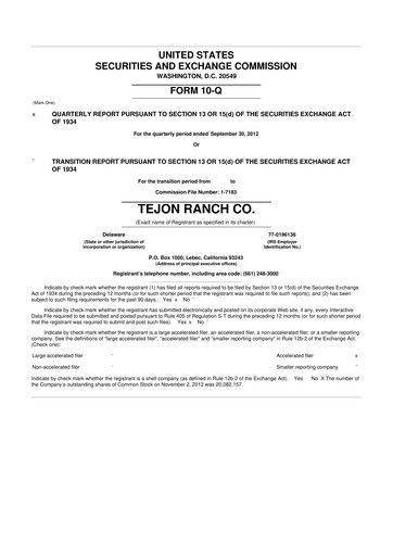 Thumbnail Tejon Ranch
 10-Q Quarterly Report FY2012 