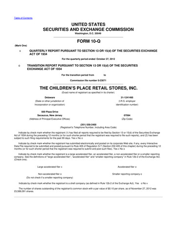 Thumbnail The Children's Place
 10-Q Quarterly Report FY2012 