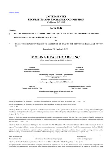 Thumbnail Molina Healthcare
 10-K Annual Report 2012