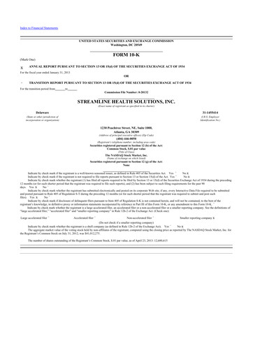 Thumbnail Streamline Health Solutions 10-K Annual Report 2012