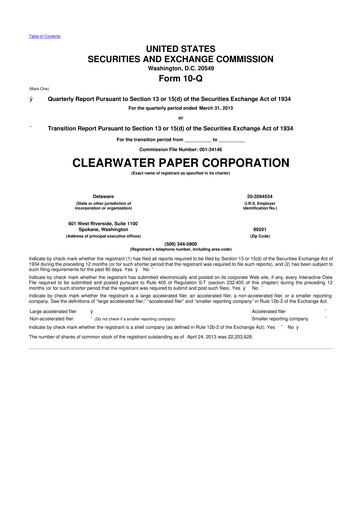 Thumbnail Clearwater Paper 10-Q Quarterly Report FY 