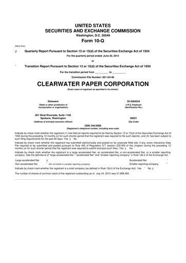 Thumbnail Clearwater Paper 10-Q Quarterly Report FY 