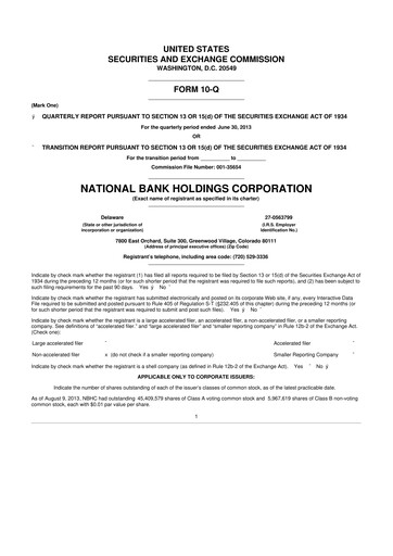 Thumbnail National Bank Holdings
 10-Q Quarterly Report FY2013 