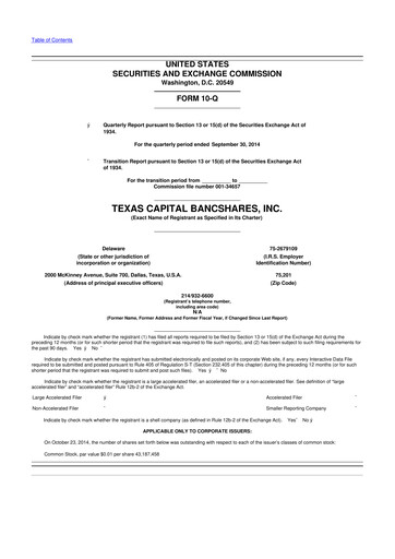 Thumbnail Texas Capital Bancshares 10-Q Quarterly Report FY2014 