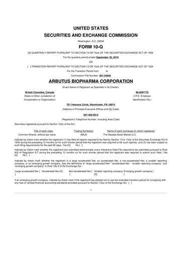 Thumbnail Arbutus Biopharma
 10-Q Quarterly Report FY 