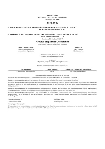 Thumbnail Arbutus Biopharma
 10-K Annual Report 2019