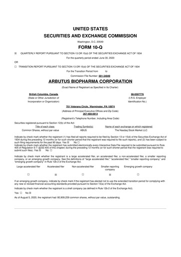 Thumbnail Arbutus Biopharma
 10-Q Quarterly Report FY 