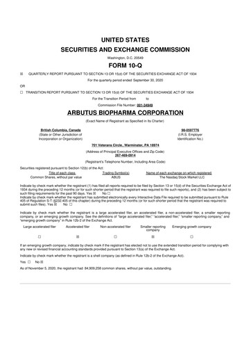 Thumbnail Arbutus Biopharma
 10-Q Quarterly Report FY 