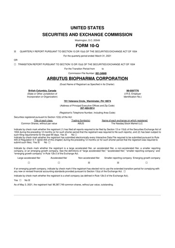 Thumbnail Arbutus Biopharma
 10-Q Quarterly Report FY 