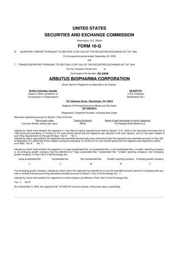 Thumbnail Arbutus Biopharma
 10-Q Quarterly Report FY 