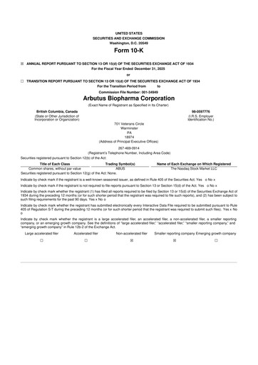 Thumbnail Arbutus Biopharma
 10-K Annual Report 
