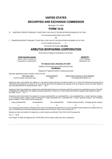 Miniature Arbutus Biopharma
 10-Q Rapport trimestriel 2026 