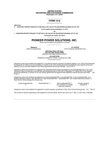 Thumbnail Pioneer Power Solutions 10-Q Quarterly Report FY2015 