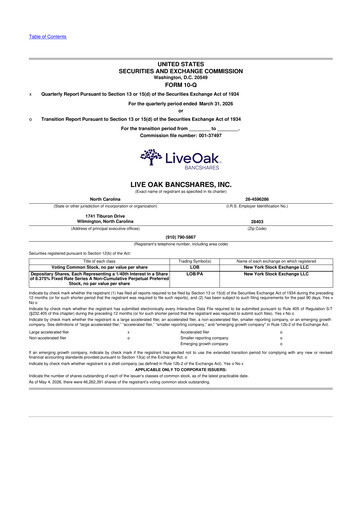 Thumbnail Live Oak Bank
 10-Q Quarterly Report FY 