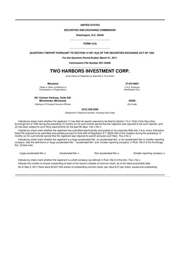 Miniature Two Harbors Investment
 10-Q Rapport trimestriel  