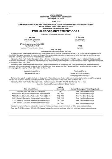 Miniature Two Harbors Investment
 10-Q Rapport trimestriel 2019 