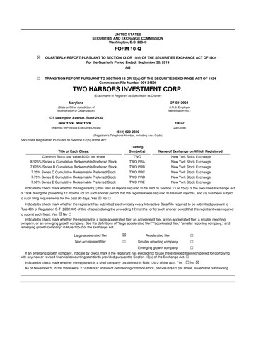 Miniature Two Harbors Investment
 10-Q Rapport trimestriel 2019 