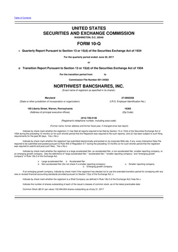 Thumbnail Northwest Bancshares
 10-Q Quarterly Report FY2017 