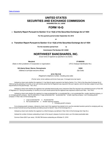 Thumbnail Northwest Bancshares
 10-Q Quarterly Report FY2018 