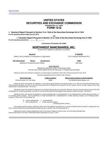 Thumbnail Northwest Bancshares
 10-Q Quarterly Report FY2019 