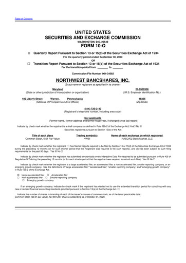 Thumbnail Northwest Bancshares
 10-Q Quarterly Report FY2020 