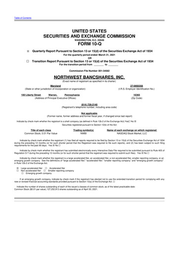 Thumbnail Northwest Bancshares
 10-Q Quarterly Report FY2021 