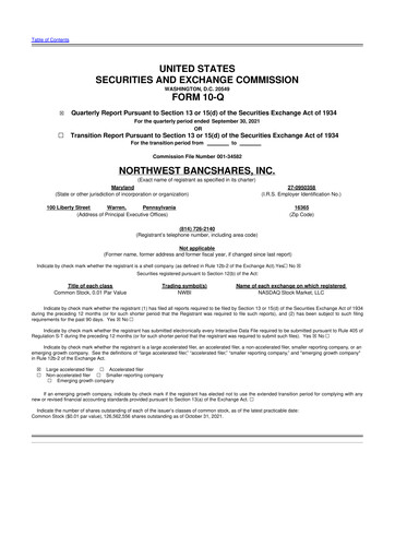 Thumbnail Northwest Bancshares
 10-Q Quarterly Report FY2021 