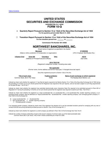 Miniature Northwest Bancshares
 10-Q Rapport trimestriel 2026 