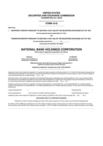 Thumbnail National Bank Holdings
 10-Q Quarterly Report FY2014 