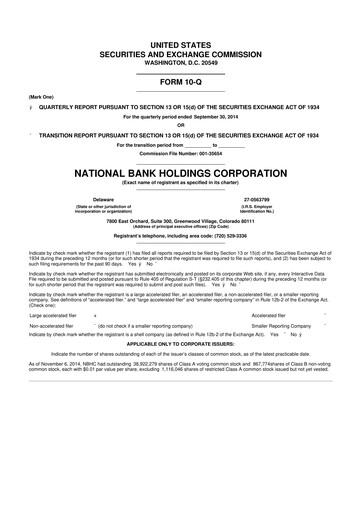Thumbnail National Bank Holdings
 10-Q Quarterly Report FY2014 