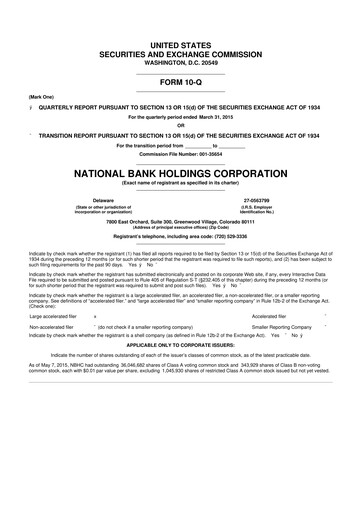 Thumbnail National Bank Holdings
 10-Q Quarterly Report FY2015 