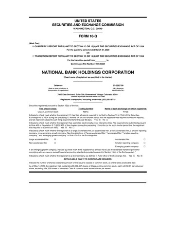 Thumbnail National Bank Holdings
 10-Q Quarterly Report FY2020 