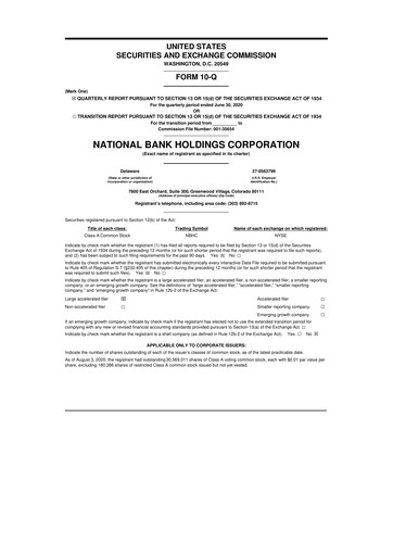 Thumbnail National Bank Holdings
 10-Q Quarterly Report FY2020 