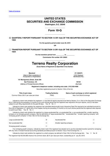 Thumbnail Terreno Realty
 10-Q Quarterly Report FY2019 