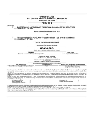 Miniature Asana 10-Q Rapport trimestriel 2022 