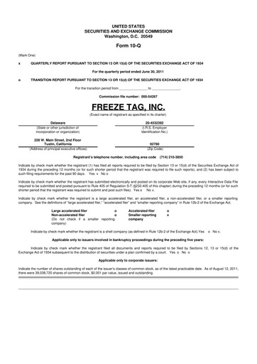 Thumbnail Freeze Tag 10-Q Quarterly Report FY2011 