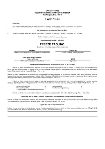 Thumbnail Freeze Tag 10-Q Quarterly Report FY2012 