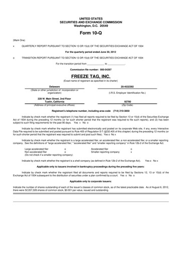 Thumbnail Freeze Tag 10-Q Quarterly Report FY2012 