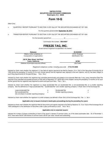 Thumbnail Freeze Tag 10-Q Quarterly Report FY2012 