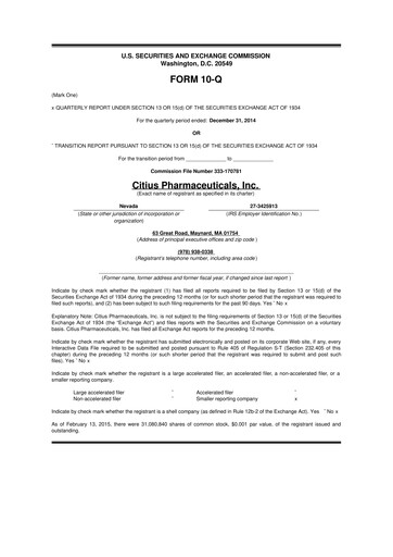 Vorschaubild Citius Pharmaceuticals
 10-Q Quartalsbericht 2015 