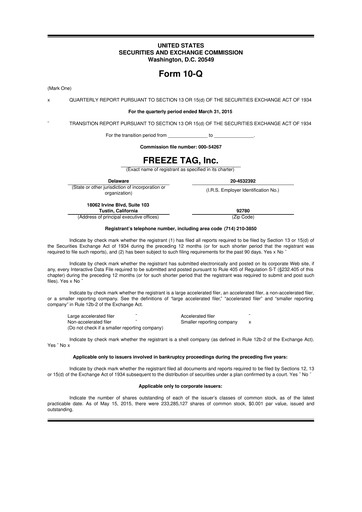 Thumbnail Freeze Tag 10-Q Quarterly Report FY2015 