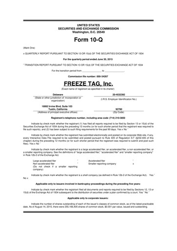 Thumbnail Freeze Tag 10-Q Quarterly Report FY2015 