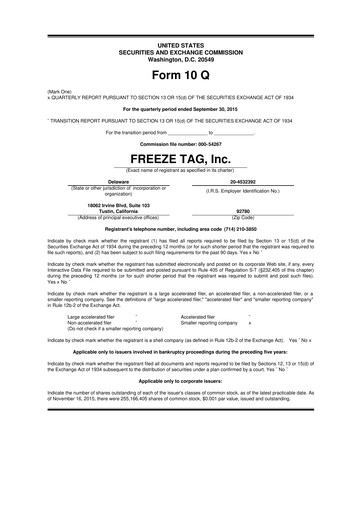 Thumbnail Freeze Tag 10-Q Quarterly Report FY2015 